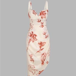 Floral Ruched Asymmetrical Hem Midi Dress